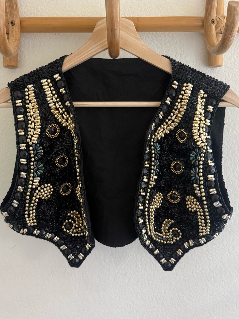 Handmade vintage boho festival Black gold beaded sequins vest size S-M